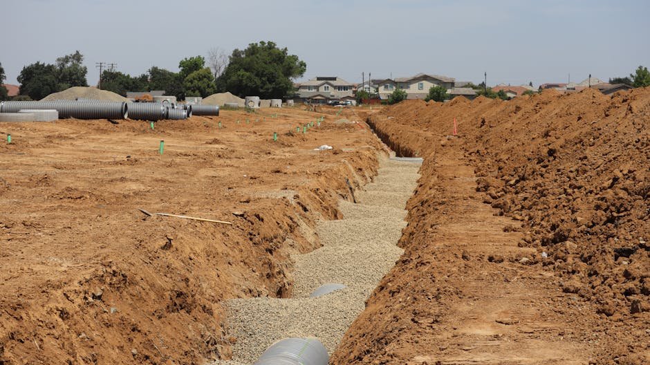 Drainage trench beside a driveway directing rainwater away from the road base