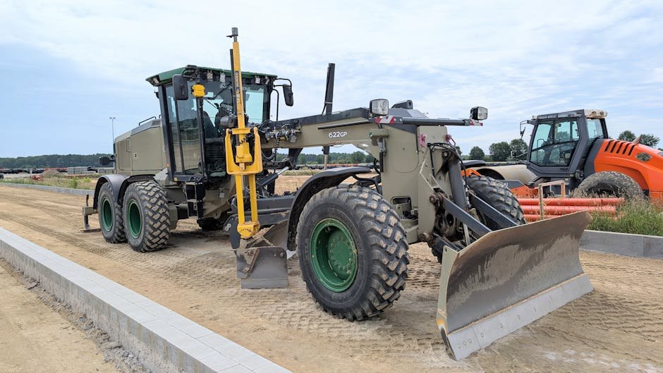 Road grader shaping a gravel driveway surface in a rural area
